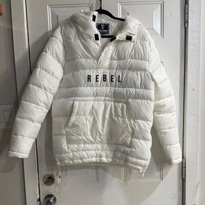 rebels White Quilted Puffer Hoodie with Black REBEL Logo